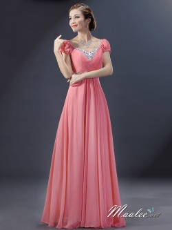 พร้อมเช่า ชุดราตรียาว สีโอรส มีแขน แบบเปรี้ยวอมหวาน ปักเลื่อมช่วงคอ หลังผ่าตัววี