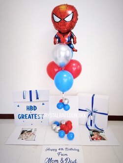Happy Birthday Surprise Box กล่องเซอร์ไพรส์วันเกิดเด็ก Theme Spider Man พร้อมตกแต่ง สามารถใส่รูปได้ 2 ใบ สามารถเปลี่ยนสีลูกโป่ง/เปลี่ยนข้อความ/เปลี่ยนฟอยล์ตกแต่งได้