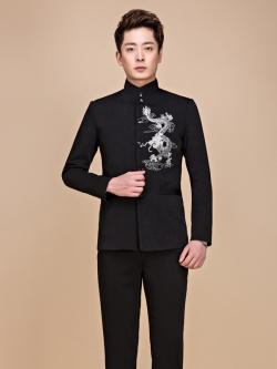 Pre-order ชุดสูทจีนชาย สีดำ ปักอกลายมังกรสีขาว คอปีน แขนยาว สไตล์จีน