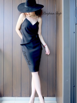 พร้อมส่ง ชุดออกงาน แบบเรียบหรู สีดำ ผูกโบว์ข้าง ใส่ได้ทั้งงานเช้า งานเย็น