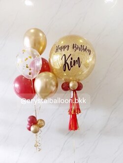 ลูกโป่งวันเกิด Bubble ขนาด 24" กลิตเตอร์สีทอง พร้อมลูกโป่งช่อ 5 ลูก 1 ช่อ Theme ทอง - แดง พร้อมตกแต่ง สามารถเปลี่ยนสีลูกโป่ง/้เปลี่ยนข้อความ/เปลี่ยนขนาดลูกโป่งได้