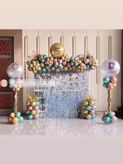 Organic Backdrop เปิดงาน ฉากวิบวับ สีเงิน ขนาด 2.4x2.4 พร้อม เสาลูกโป่ง Bubble ขนาด 36" กลิตเตอร์สีเงิน 2 เสา พร้อมตกแต่ง สามารถเปลี่ยนสีลูกโป่ง/เปลี่ยนข้อความได้