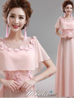 พร้อมเช่า ชุดราตรียาว แบบปิดไหล่ ผ้าชีฟอง แต่งดอกและลูกปัดสวย สีชมพู