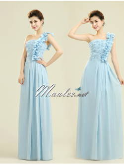 พร้อมส่ง ชุดราตรียาว ไหล่เดียว จับจีบตลอดช่วงเอว แต่งระบายไหล่ซ้าย เรียบหรู สีฟ้า