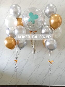 ลูกโป่ง เปิดร้าน Bubble ขนาด 24" กลิตเตอร์สีเงิน 1 ลูก พร้อม ช่อลูกโป่งสีโครเมี่ยม ช่อ 7 ลูก 2 ช่อ พร้อมตกแต่ง สามารถเปลี่ยนสีลูกโป่ง/เปลี่ยนข้อความ/เปลี่ยนขนาดได้