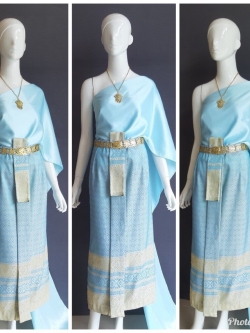 เช่า ชุดไทย ชุดเพื่อนเจ้าสาว ชุดไทยผ้าซิ่นสีฟ้า สไบเรียบสีฟ้า