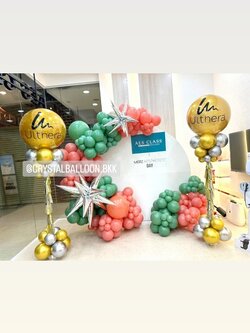 Organic Backdrop เปิดร้าน ฉากกลม สีขาว ขนาด 2x2 เมตร พร้อม เสาลูกโป่ง Bubble ขนาด 36" กลิตเตอร์สีทอง 2 เสา พร้อมตกแต่ง สามารถเปลี่ยนสีลูกโป่ง/เปลี่ยนข้อความ/เปลี่ยนฟอยล์ตกแต่งได้