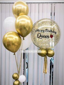 ลูกโป่ง วันเกิด Bubble ขนาด 24" สีทอง พร้อม ช่อลูกโป่ง ช่อ 5 ลูก 1 ช่อ,ลูกโป่งใส ใส่กลิตเตอร์ พร้อมตกเเต่ง สามารถเปลี่ยนสีลูกโป่ง/เปลี่ยนข้อความ/เปลี่ยนขนาดได้