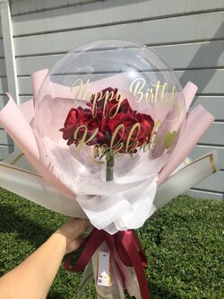 Flower Balloon Happy Birthday Bubble ขนาด 18" พร้อมตกแต่ง ช่อดอกกุหลาบประดิษฐ์ สีแดง 1 ช่อ 7 ดอก สามารถเปลี่ยนข้อความ/เปลี่ยนสีได้