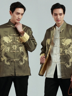 Preorder ชุดจีน ชาย เสื้อคอจีน ผ้าไหมจีน สีเขียว ปักลายมังกร