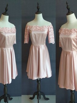 พร้อมเช่า ชุดราตรีสั้น สีโรสโกลด์ ปาดไหล่ แต่งลูกไม้