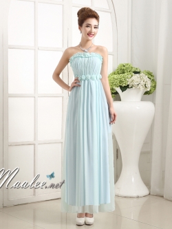 พร้อมส่ง ชุดเดรสยาว เกาะอก จับสม๊อกด้านหลัง แต่งดอกช่วงเอว อกจับจีบ สีฟ้ามิ้นท์