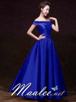 ชุดราตรียาว แบบไหล่ปาด สไตล์วินเทจผ้าไหมดัชเชส กระโปรงทรงA แต่งโบว์2ชั้น ช่วงเอว สีน้ำเงิน (เชือกผูกหลัง)