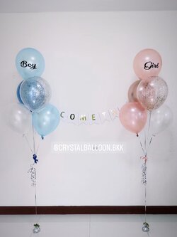 ลูกโป่ง Welcome Baby ช่อลูกโป่ง 5 ลูก 2 ช่อ พร้อมตกแต่ง ป้ายธง 11 ตัวอักษร,ลูกโป่งใส ใส่กลิตเตอร์ สามารถเปลี่ยนสีลูกโป่ง/เปลี่ยนข้อความ/เปลี่ยนสี-ป้ายธงได้