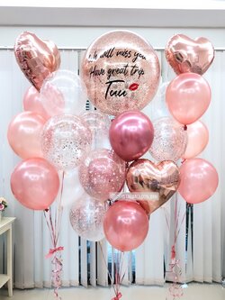 ลูกโป่ง อำลา Have A Great Trip Bubble ขนาด 24" สีโรสโกล พร้อม ช่อลูกโป่ง ฟอยล์หัวใจ ขนาด 18" 3 ช่อ,ลูกโป่งใส ใส่กลิตเตอร์,ลูกโป่งใส ลายดาว พร้อมตกเเต่ง สามารถเปลี่ยนสีลูกโป่ง/เปลี่ยนข้อความ/เปลี่ยนฟอยล์ตกแต่ง/เปลี่ยนขนาดได้
