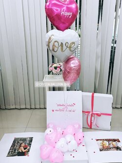 Surprise Box กล่องเซอร์ไพรส์วันเกิด ฟอยล์หัวใจ 3 ชิ้น สีชมพูบานเย็น-สีขาว-สีชมพู พร้อมตกแต่ง สามารถใส่รูป 2 ใบ สามารถเปลี่ยนสี-ฟอยล์ตกแต่ง/เปลี่ยนข้อความได้