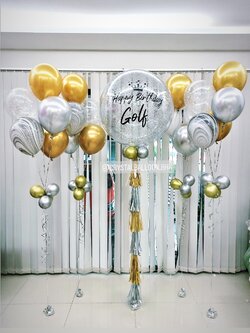 ลูกโป่ง วันเกิด Bubble ขนาด 36" กลิตเตอร์เงิน พร้อม ช่อลูกโป่ง ช่อ 5 ลูก 4 ช่อ,ลูกโป่งลายหิน USA 4 ลูก,ลูกโป่งใส ใส่กลิตเตอร์ พร้อมตกเเต่ง สามารถเปลี่ยนสีลูกโป่ง/เปลี่ยนข้อความ/เปลี่ยนขนาดได้