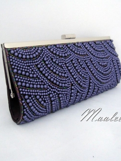 พร้อมส่ง Evening Clutch กระเป๋าออกงาน สีม่วง ปักมุกลายโค้ง งานสวยละเอียด
