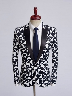 Pre-oder เฉพาะเสื้อสูท สูทชาย สีดำขาว แต่งปกคอดำ พิมพ์ลายกราฟฟิก