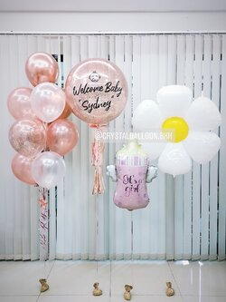 ลูกโป่ง Welcome Baby Girl Bubble ขนาด 24" พร้อมตกแต่ง ช่อลูกโป่ง 9 ลูก 1 ช่อ,ฟอยล์ขวดนมใหญ่ 1 ชิ้น,ฟอยล์ดอกเดซี่ใหญ่ 1 ชิ้น สามารถเปลี่ยนสีลูกโป่ง/เปลี่ยนข้อความ/เปลี่ยนขนาด/เปลี่ยนสี-ฟอยล์ตกแต่งได้