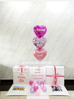 Happy Birthday Surprised Box กล่องเซอร์ไพรส์วันเกิด Theme ชมพู-ม่วง ตกแต่งฟอยล์หัวใจ ขนาด 18" 3 ลูก พร้อมตกแต่ง สามารถใส่รูปได้ 2 ใบ สามารถเปลี่ยนสีลูกโป่ง/เปลี่ยนสีข้อความได้