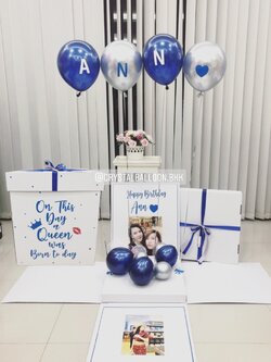Happy Birthday Surprise Box กล่องเซอร์ไพรส์วันเกิด โทนสีน้ำเงิน-สีเทา พร้อมตกแต่ง ช่อลูกโป่ง 1 ช่อ,สามารถใส่รูปได้ 2 ใบ สามารถเปลี่ยนสีลูกโป่ง/เปลี่ยนข้อความได้