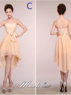 พร้อมส่ง ชุดราตรีสั้น ชุดเพื่อนเจ้าสาว สีครีมไข่ แบบ C เกาะอก หน้าสั้นหลังยาว แต่งลูกไม้ช่วงอก คาดโบว์ที่เอว (เชือกผูกด้านหลัง)