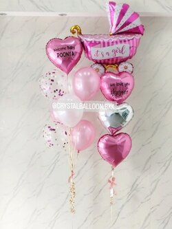 ลูกโป่ง Welcome Baby Girl ช่อฟอยล์รถเข็น+ฟอยล์หัวใจ ขนาด 18" 3 ชิ้น ช่อ 4 ชิ้น 1 ช่อ พร้อม ช่อลูกโป่งฟอยล์หัวใจ ขนาด 18" ช่อ 8 ลูก 1 ช่อ พร้อมตกแต่ง สามารถเปลี่ยนสีลูกโป่ง/เปลี่ยนข้อความ/เปลี่ยนสี-ฟอยล์ตกแต่งได้