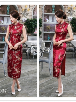 Pre-order กี่เพ้า แขนกุด สีไวน์แดง ลายดอกบ๊วย Cherry Blossom ผ้าไหมจีน กุ๊นขอบ ตัดเย็บอย่างดี