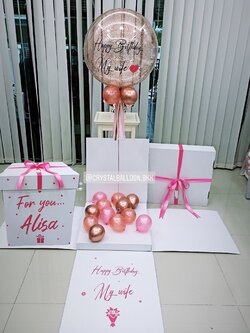 Happy Birthday Surprise Box Bubble ขนาด 24" สีโรสโกล พร้อมตกแต่ง สามารถใส่รูปได้ 4 ใบ สามารถเปลี่ยนสีลูกโป่ง/เปลี่ยนข้อความได้