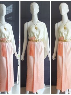 เช่า ชุดไทย ชุดเพื่อนเจ้าสาว ชุดไทยผ้าถุงสีโอรสไล่สี สไบเรียบสีงาช้าง