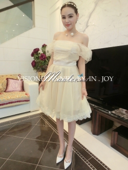 พร้อมเช่า ชุดออกงาน ชุดเดรสสั้น สีครีม Apricot