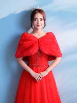 ผ้าคลุม ขนสัตว์ แต่งมุก 3 เม็ด สีแดง