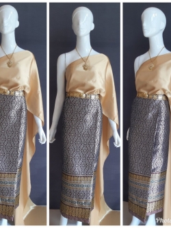 เช่า ชุดไทย ชุดเพื่อนเจ้าสาว ชุดไทยผ้าซิ่นสีแดง สไบเรียบสีทอง