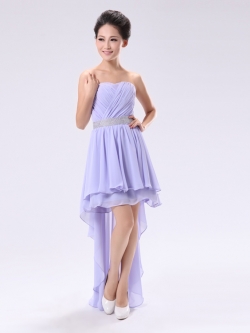 พร้อมเช่า ชุดราตรีสั้น เกาะอก ม่วงอ่อน หน้าสั้นหลังยาว คาดเอวแถบคริสตัลสวย