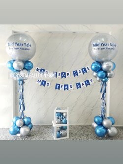 เสาลูกโป่ง เปิดงาน Bubble ขนาด 36" กลิตเตอร์สีเงิน 2 เสา พร้อม ป้ายธง 22 ตัวอักษร,กล่องใส ขนาด 12" ติดตัวอักษร 2 กล่อง พร้อมตกแต่ง สามารถเปลี่ยนสีลูกโป่ง/เปลี่ยนข้อความ/เปลี่ยนสี-ป้ายธงได้