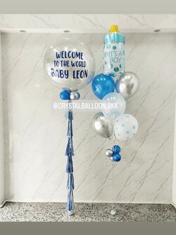 ลูกโป่ง Welcome Baby Bubble ขนาด 36" กลิตเตอร์สีเงิน พร้อม ช่อลูกโป่งฟอยล์ขวดนม ช่อ 7 ลูก 1 ช่อ พร้อมตกแต่ง สามารถเปลี่ยนสีลูกโป่ง/เปลี่ยนข้อความ/เปลี่ยนขนาด/เปลี่ยนฟอยล์ตกแต่งได้