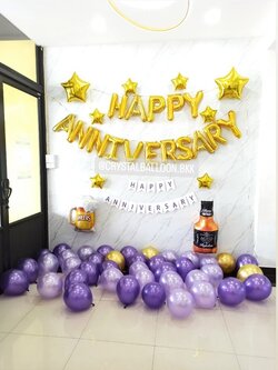 ลูกโป่ง วันครบรอบ ฟอยล์ตัวอักษร Happy Anniversary ขนาด 16" Theme สีทอง-สีม่วง ลูกโป่งโปรยพื้น 40 ลูก พร้อมตกแต่ง ป้ายธง Happy Anniversary,ฟอยล์ตกแต่ง 2 ชิ้น,ฟอยล์ดาว 5" 6 ชิ้น,ฟอยล์ดาว 24" 2 ชิ้น สามารถเปลี่ยนสีลูกโป่ง/เปลี่ยนฟอยล์/เปลี่ยนส