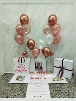 Happy Birthday Surprised Box Theme โรสโกลด์ พร้อมตกแต่งลูกโป่ง 5 ลูก 2 ช่อ,สามารถใส่รูปได้ 3 ใบ สามารถเปลี่ยนสีลูกโป่ง/เปลี่ยนสีข้อความได้