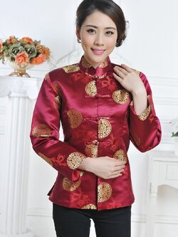 Pre-order เสื้อคอจีน ผู้หญิง ผ้าไหมจีน ทอลาย แขนยาว สีไวน์แดง