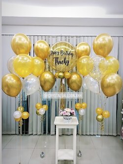 ลูกโป่ง วันเกิด Bubble ขนาด 24" Theme สีทอง พร้อม ช่อลูกโป่ง ช่อ 5 ลูก 4 ช่อ,ลูกโป่งใส ใส่กลิตเตอร์ พร้อมตกเเต่ง สามารถเปลี่ยนสีลูกโป่ง/เปลี่ยนข้อความ/เปลี่ยนขนาดได้