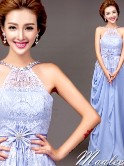 พร้อมเช่า ชุดราตรียาว เกาะอก คล้องคอ สีม่วง กระโปรงจับจีบ สวยหวานด้วยลูกไม้ช่วงอก (ซิปหลัง)