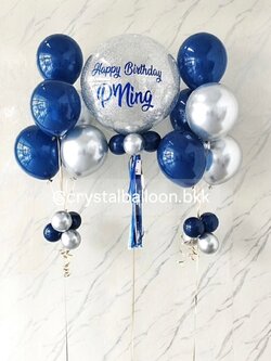 ลูกโป่ง วันเกิด Bubble ขนาด 24" กลิตเตอร์สีเงิน 1 ลูก พร้อม ช่อลูกโป่งสีโครเมี่ยม ช่อ 5 ลูก 2 ช่อ พร้อมตกแต่ง สามารถเปลี่ยนสีลูกโป่ง/เปลี่ยนข้อความ/เปลี่ยนขนาดได้