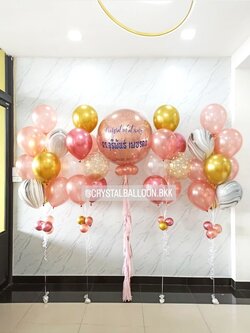 ลูกโป่ง รับปริญญา Bubble ขนาด 36" Theme โรสโกลด์-ทอง พร้อมตกแต่ง ช่อลูกโป่ง 10 ลูก 2 ช่อ,ช่อลูกโป่ง 7 ลูก 2 ช่อ,ลูกโป่งลายหิน USA 4 ลูก สามารถเปลี่ยนสีลูกโป่ง/เปลี่ยนข้อความ/เปลี่ยนขนาดได้