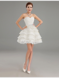 พร้อมเช่า ชุดแฟนซี ชุดราตรีสั้น สีขาว เกาะอก กระโปรงระบายเป็นชั้น ๆ ซิปหลัง