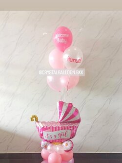 ลูกโป่ง Welcome Baby ฟอยล์รถเข็น สีชมพู ตั้งฐาน 1 ชิ้น พร้อม ช่อลูกโป่ง ช่อ 5 ลูก 1 ช่อ พร้อมตกแต่ง สามารถเปลี่ยนสีลูกโป่ง/เปลี่ยนข้อความ/เปลี่ยนสี-ฟอยล์ตกแต่งได้