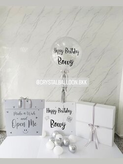 Happy Birthday Surprised Box Bubble 24" กลิตเตอร์สีเงิน พร้อมตกแต่ง สามารถใส่รูปได้ 4 ใบ สามารถเปลี่ยนสีลูกโป่ง/เปลี่ยนข้อความได้
