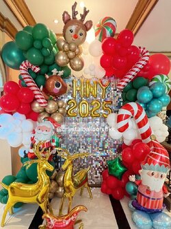 Organic Backdrop Chrismas ฉากวิบวับสีเงิน ขนาด 1.5x2.4 เมตร Theme Chrismas พร้อม ฟอยล์ตกแต่งใหญ่ 12 ชิ้น , ฟอยล์อักษร ขนาด16" 7 ชิ้น พร้อมตกแต่ง สามารถเปลี่ยนสีลูกโป่ง/เปลี่ยนฟอยล์ตกแต่งได้