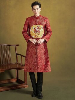 พร้อมส่ง เสื้อคอจีนยาวแขนยาว ผ้าไหมจีน สีแดงปักดิ้นทอง (ไซส์ M)