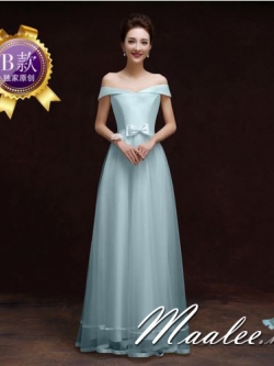 พร้อมเช่า ชุดราตรียาว ชุดเพื่อนเจ้าสาว แบบ B ปาดไหล่ แต่งโบว์ช่วงเอว (เชือกผูกหลัง)